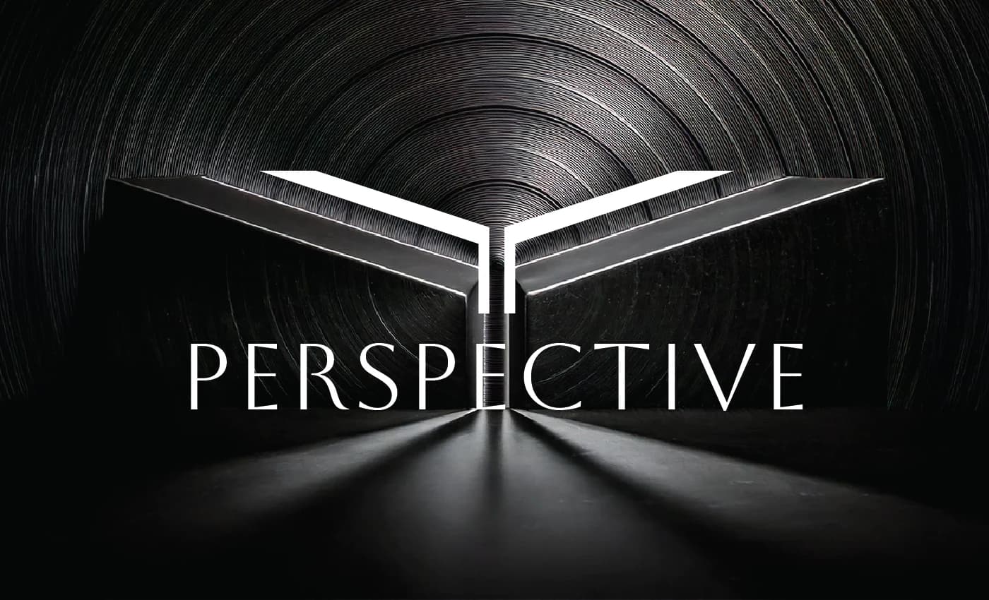 Perspective wordmark and angular symbol against a dark sculptural background